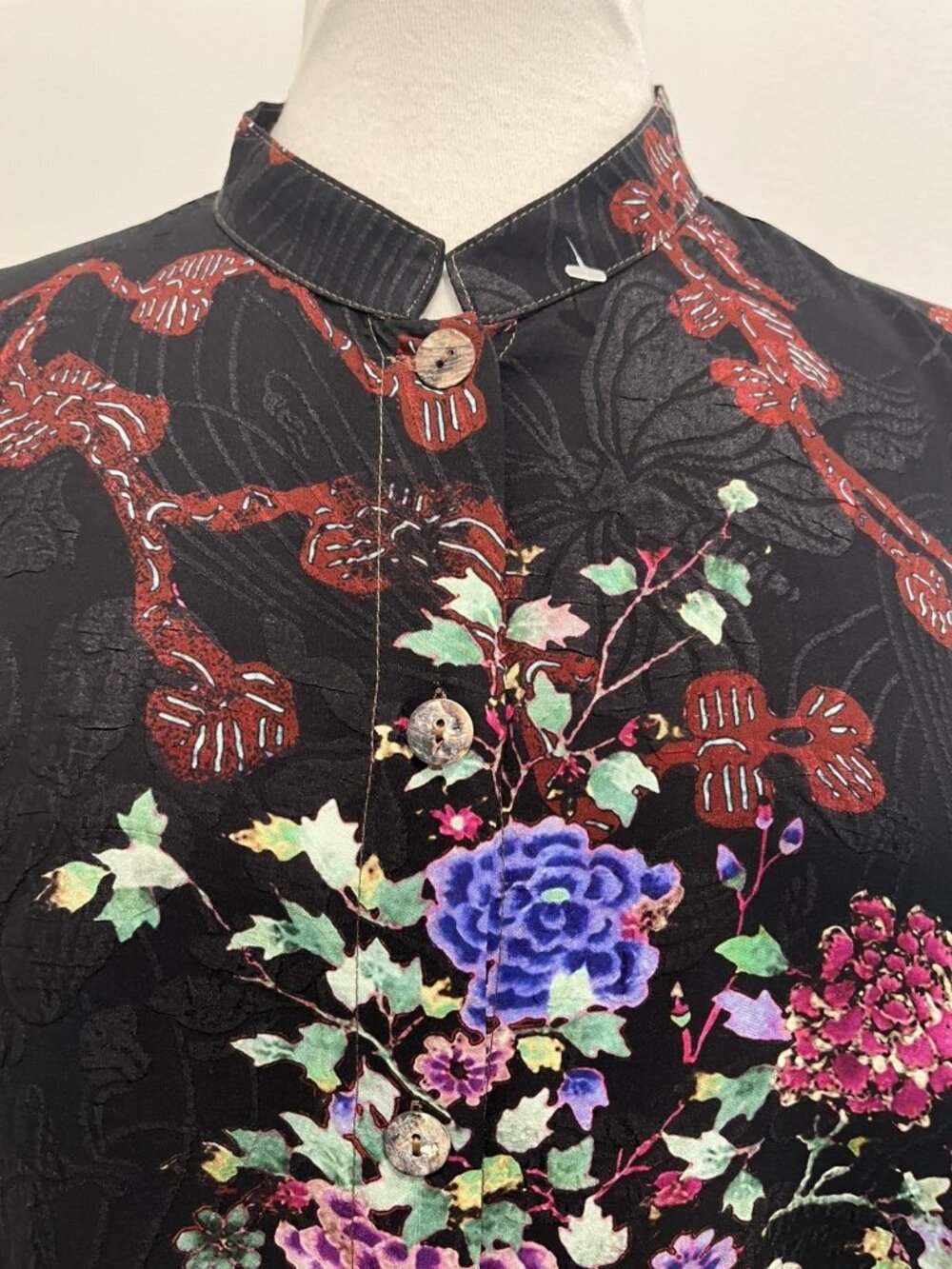 Citron Santa Monica 0X Silk Blend Blouse Chinoiserie Floral Mandarin Artsy Art - Picture 6 of 13